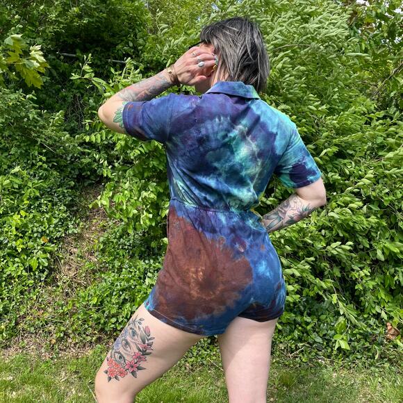 Ice Dyed Romper - Tie Dyed Upcycled - Pockets Soft Summer Spring (Women's Small) - Picture 4 of 14